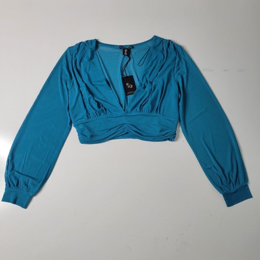NEW MESH CROPPED BLUE LONG SLEEVE DEEP V BLOUSE TOP SINCERELY JULES L LARGE NWT